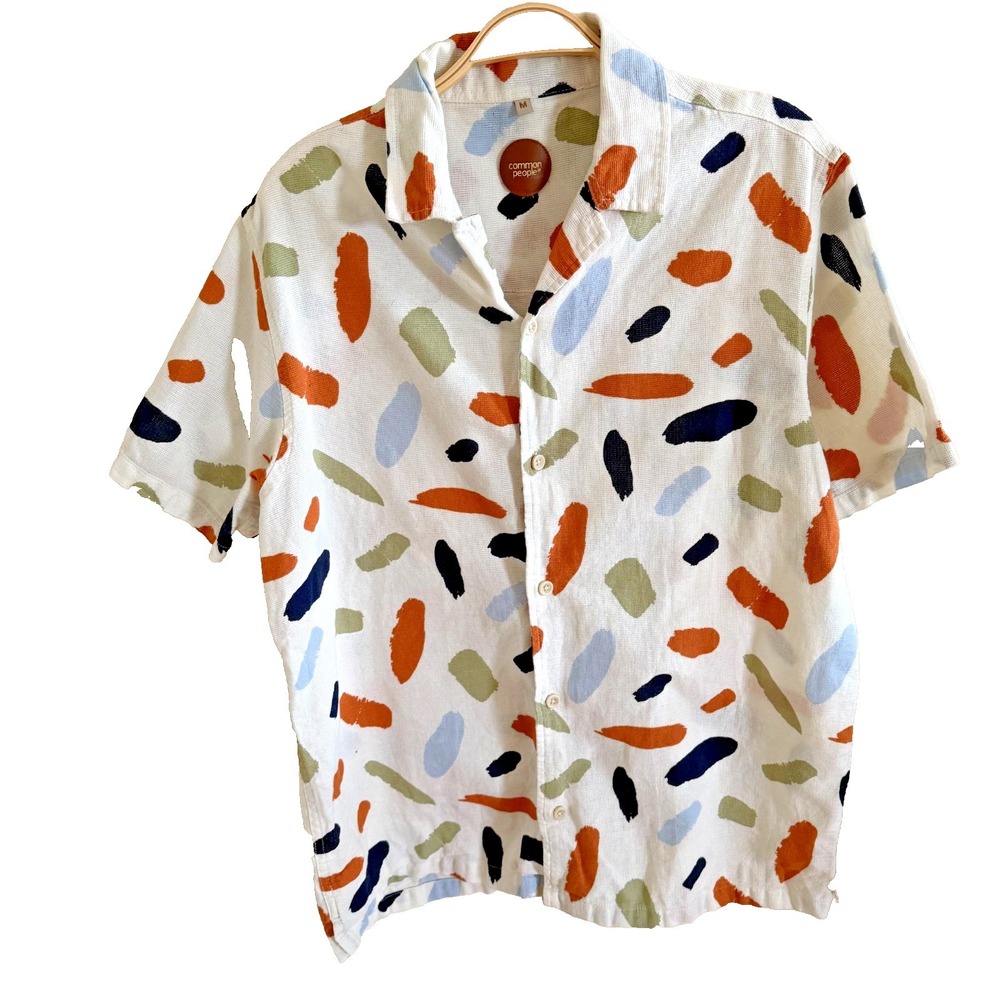 Common People Men's Splatter Short Sleeve Button Down Shirt Medium Boho Cotton